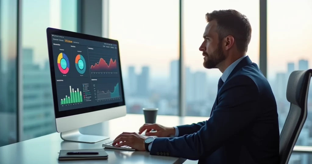 Líder executivo realizando autoavaliação emocional em ambiente corporativo moderno, com expressão concentrada e tela de computador com gráficos de bem-estar emocional