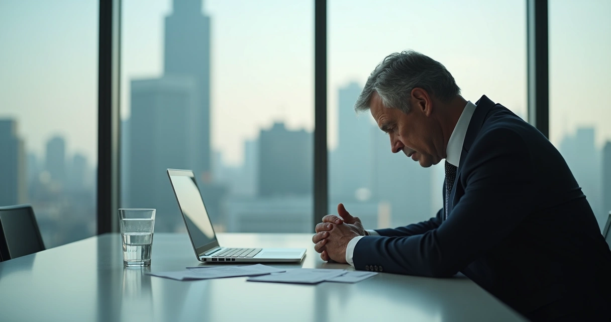 Líder sênior sentado à mesa de escritório com expressão preocupada e ambiente corporativo ao fundo
