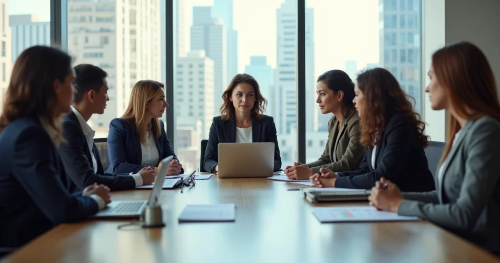 Mulheres líderes em reunião executiva em ambiente corporativo moderno e iluminado