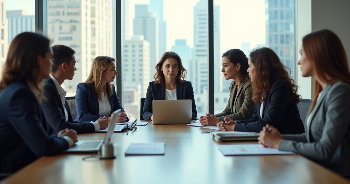 Mulheres líderes em reunião executiva em ambiente corporativo moderno e iluminado